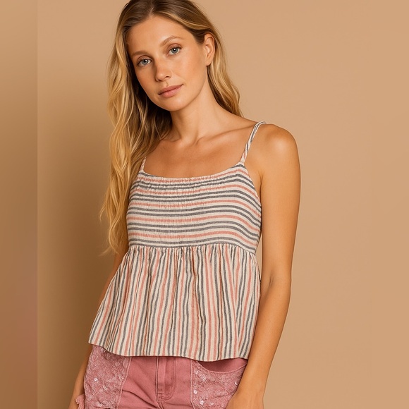 a.n.a Striped Smocked Tank Top Boho Babydoll Cami XL - Picture 3 of 10